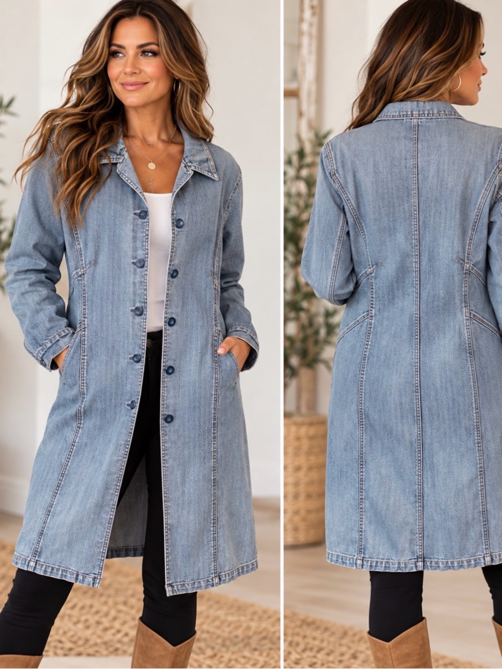 COTTON GINNY- Light Blue Vintage Denim Button-Front Women’s Long Jacket